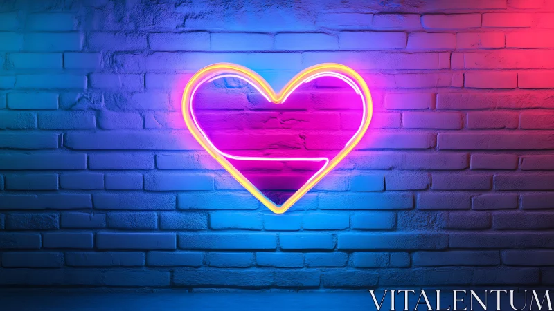 Neon heart outline glowing on blue and pink brick wall.