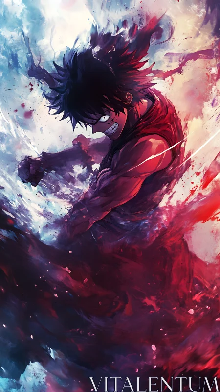 Dynamic anime fighter engulfed in red and blue energy vortex