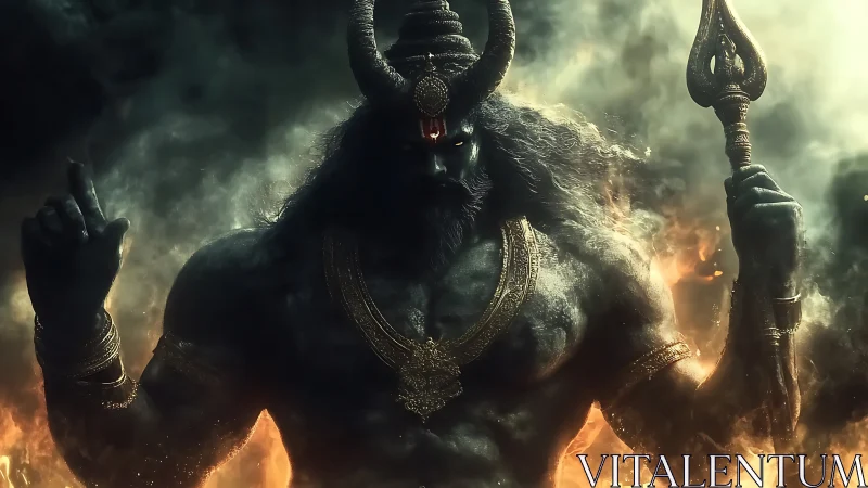 Horned fire deity with trident amid smoke and flames.