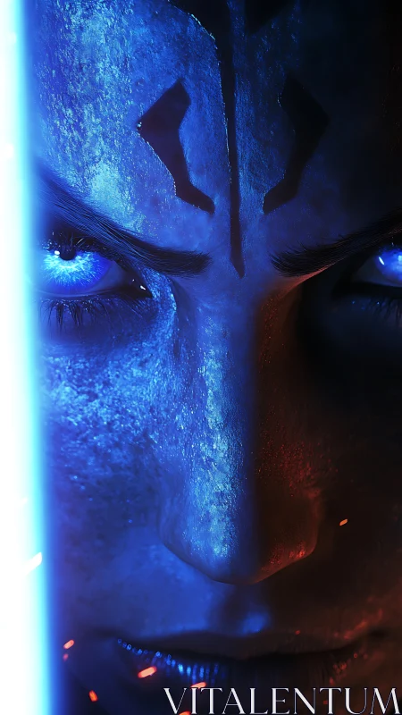 Cyber warrior face split by blue light and embers.