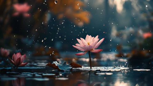 Pink Lotus Blooming Against Twilight Waters.