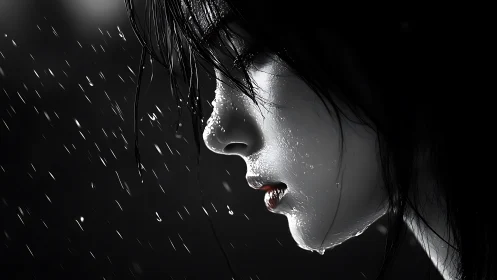 High-contrast profile portrait of wet face under directional rain