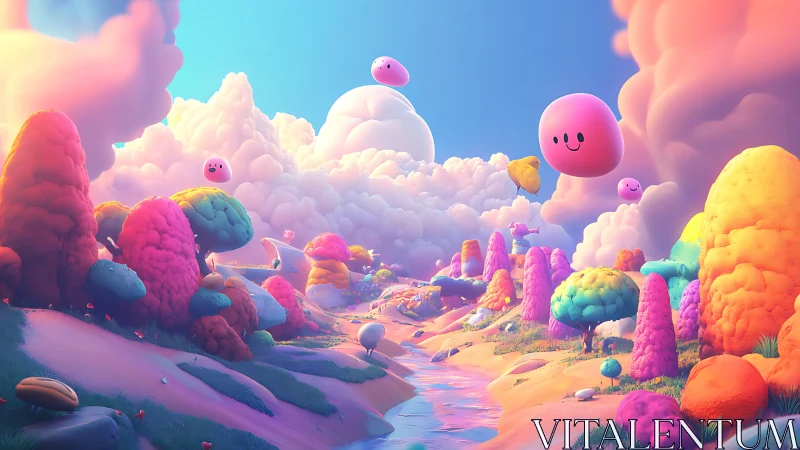 Candy cloud valley with smiling sky balloons at play.