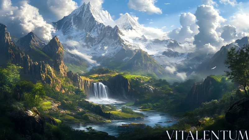 Sunlit alpine waterfall cascades beneath snowbound mountain range