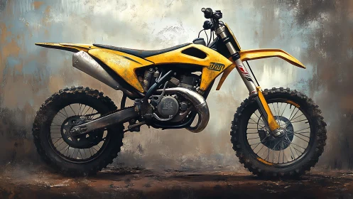 Mud hungry yellow dirt bike poised in painterly storm light.