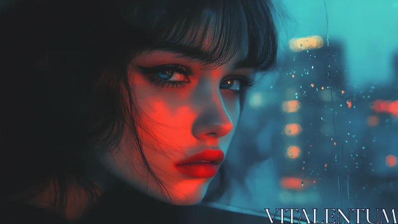 Split-tone neon portrait isolates reflective gaze against wet glass