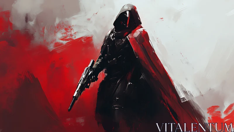 Armored cloaked marksman rendered in dynamic red-black brushwork