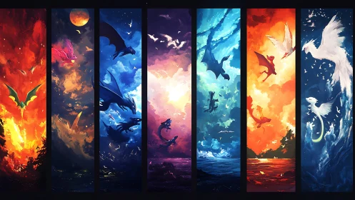 Soaring elemental dragons dancing through vivid skies.