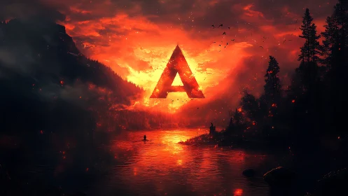 Glowing Triangle Symbol Over Burning Lake Landscape.