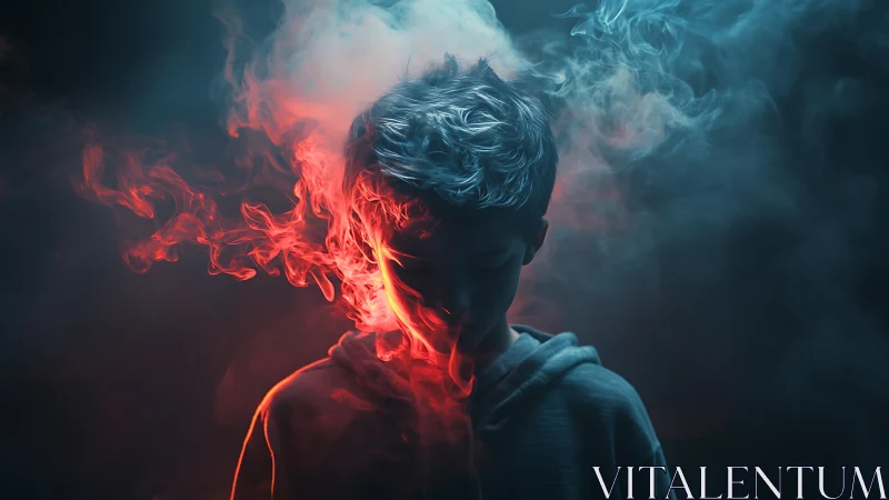 Boy silhouette framed by red blue cinematic smoke glow.