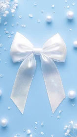 Silky white ribbon bow floats in a pastel sky of pearls