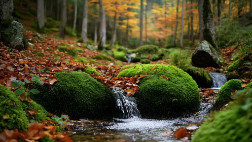Moss-Covered Forest Stream with Autumn Woodland
