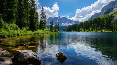 Mountain lake reflects pines, cliffs, and bright summer sky