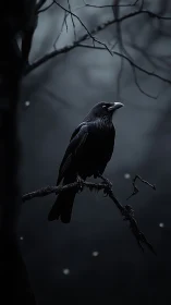Solitary raven perched on wet branch in dim forest dusk
