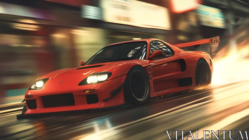 Scarlet street racer slicing neon midnight avenues.