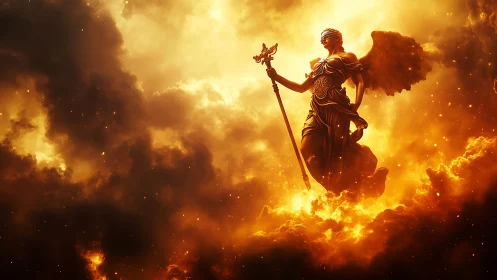 Blindfolded fireborn angel strides through molten clouds