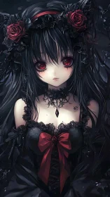 Gothic anime portrait renders crimson-eyed girl in lace