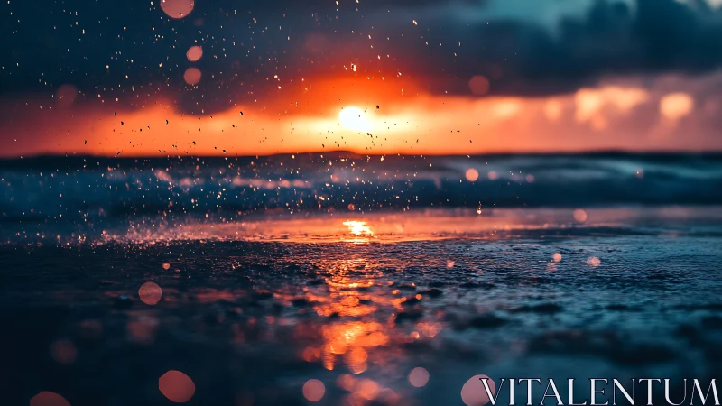 Sunset over wet shoreline with splashing water droplets.