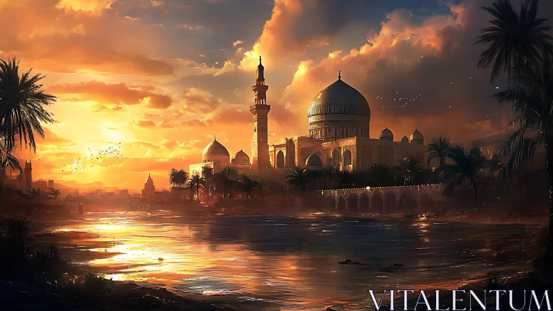 Golden river sunset over a tranquil desert cityscape.