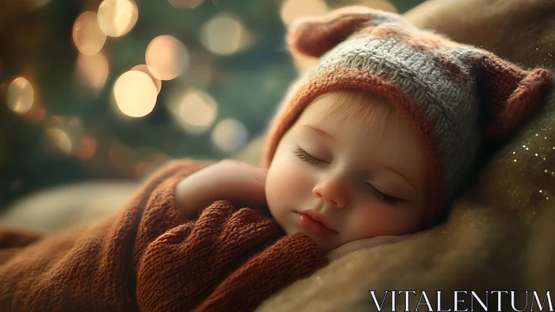 Sleeping baby lies in soft light wearing knitted animal hat