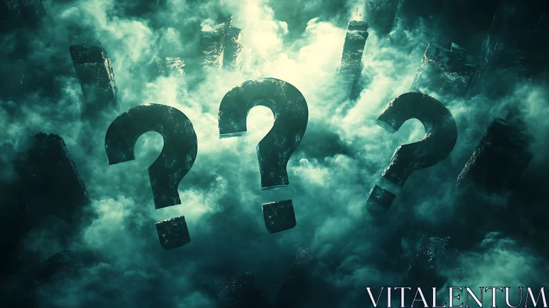 Mystic question marks emerging through teal cinematic fog.