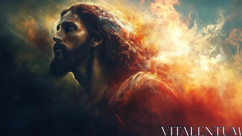 Bearded robed man in fiery clouds and glowing light.