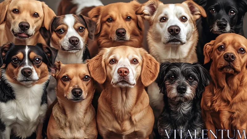 Group portrait shows mixed breed dogs staring directly forward