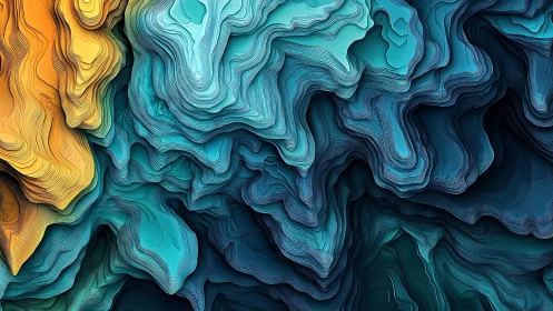 Layered abstract topographic shapes form rippled color strata