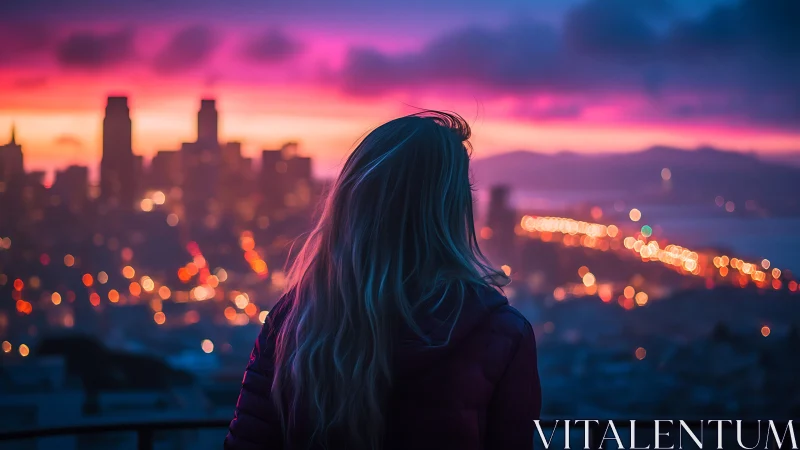 Digital painting portrait over neon city at dusk skyline.