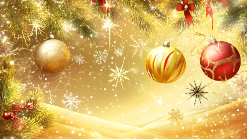 Gilded snowflake ballroom with glowing Christmas baubles.