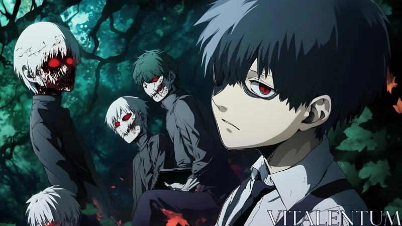 Anime boy and ghoulish figures stand together in dark forest