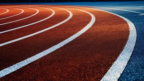 Curved polyurethane running track lanes under low warm light