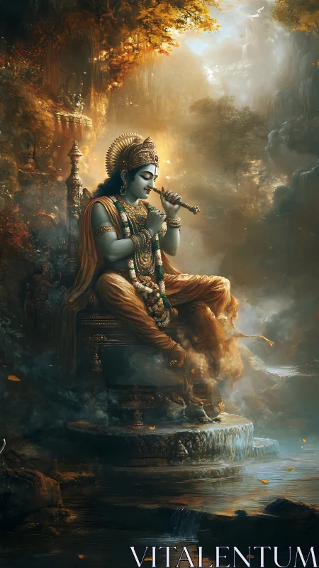 Blue-skinned seated figure plays flute beside cascading water
