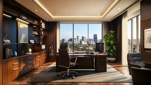Executive corner office interior in warm modernist wood paneling.