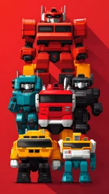Stacked retro robot lineup on vivid red background.