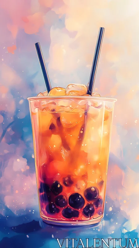 Digital painting of iced bubble tea with luminous bokeh backdrop.