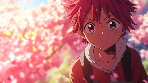 Springlit red-haired anime boy amid drifting cherry dreams.