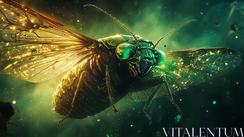 Glowing emerald cicada hovers in a luminous cosmic haze
