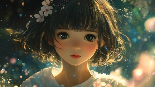 Gentle-eyed anime girl glows in a dreamy spring light forest