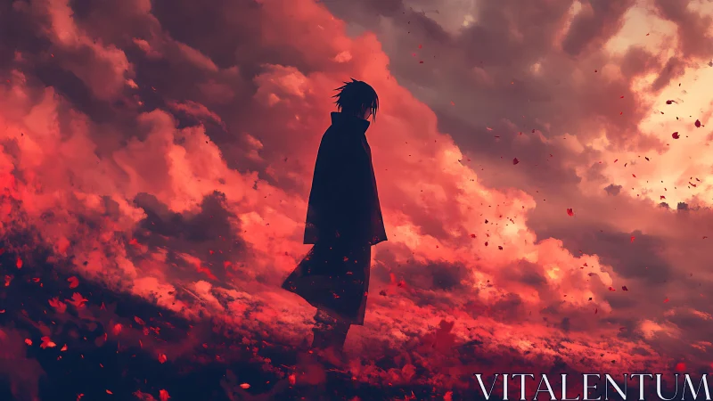 Silhouetted wanderer stands against incandescent storm clouds