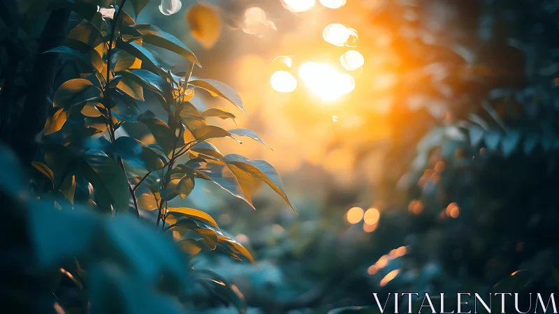 Lush foliage in soft focus with warm dreamy sunlight glow.