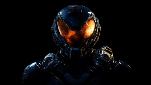 Luminous armored exosuit portrait in deep black void.