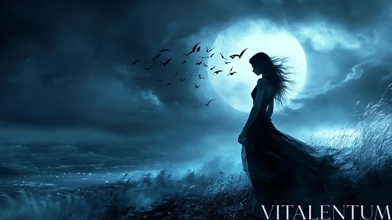 Moonlit shoreline silhouette under stormy midnight sky.