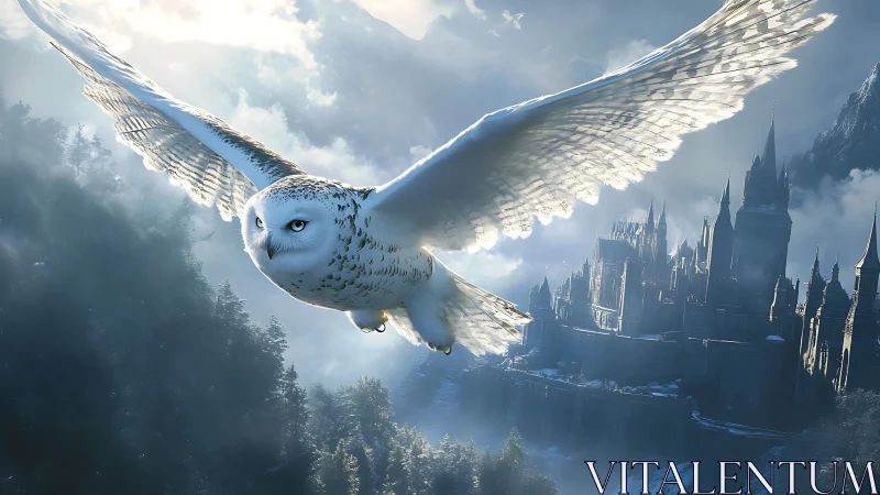 Snowy owl in flight over misty forest and castle landscape.