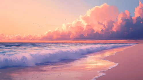 Digital seascape sunset with glowing pastel clouds and surf.