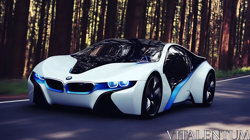 Sleek futuristic sports car glides confidently through forest road