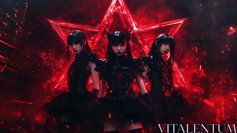 Triad of gothic idol warriors before luminous red pentagram