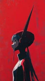 Cybernetic girl profile dominates stark crimson void.