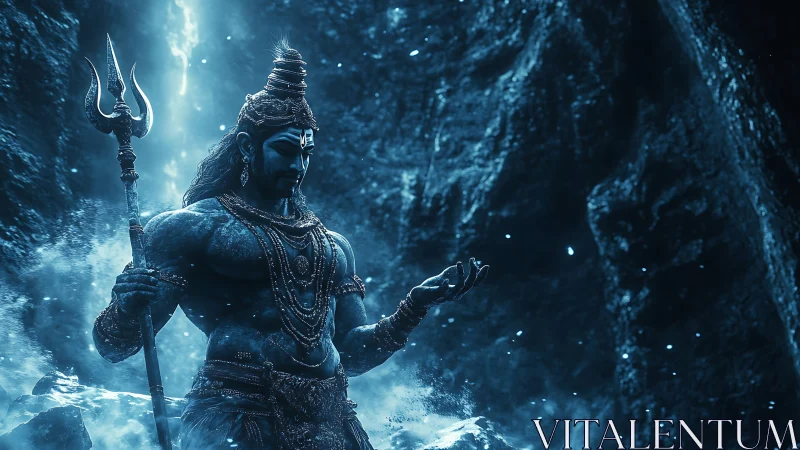 Divine blue warrior holds trident in stormlit cavern mist