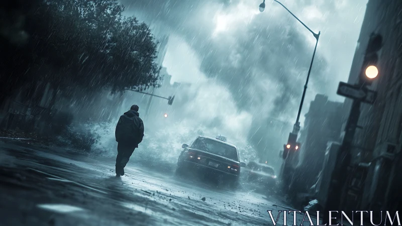 Lone figure walks through storm-lashed city street at dusk